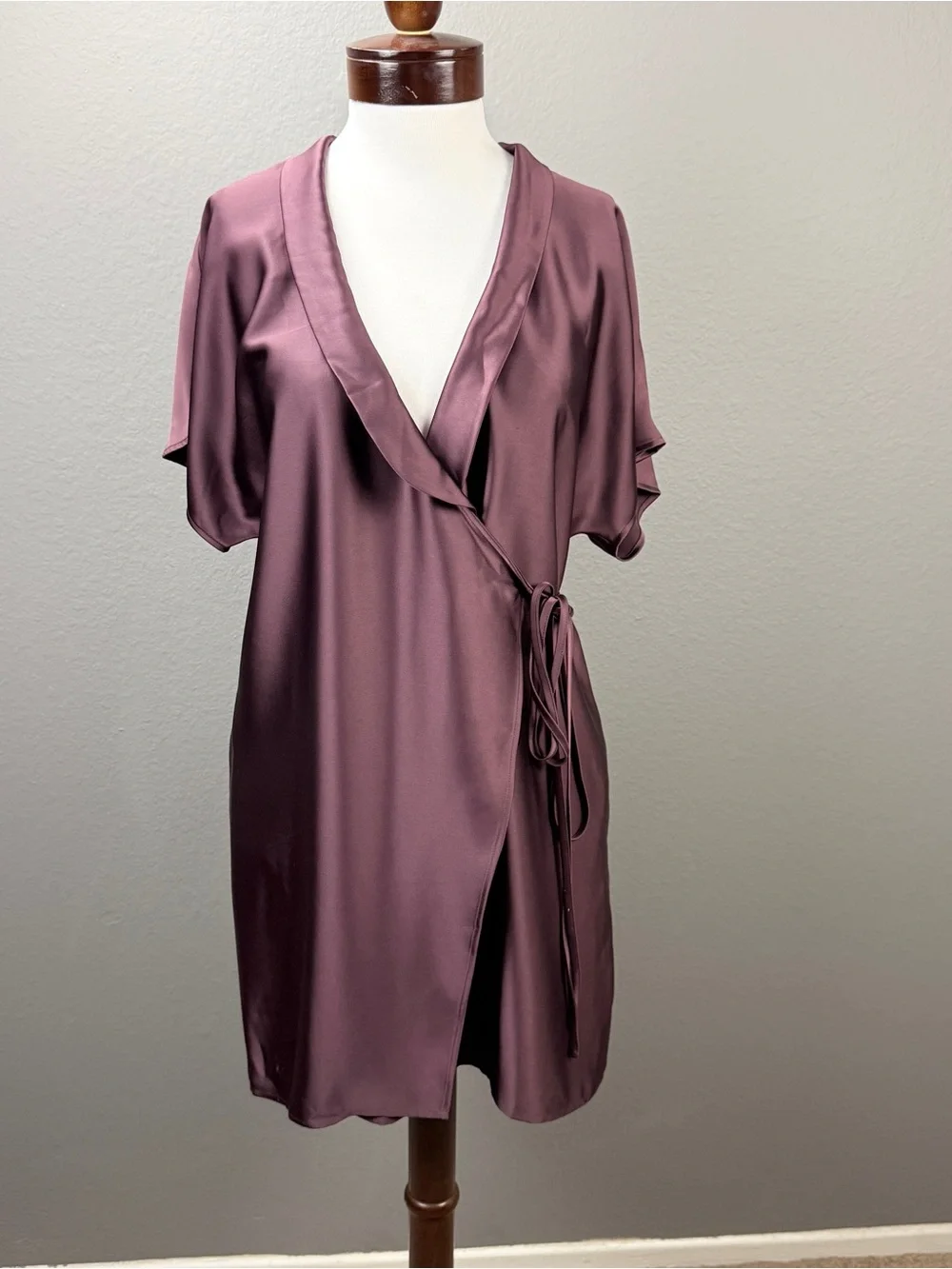AYR Burgundy Plum Satin Kimono Wrap Mini Dress Shawl Collar Tie Waist Pockets M